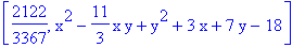 [2122/3367, x^2-11/3*x*y+y^2+3*x+7*y-18]